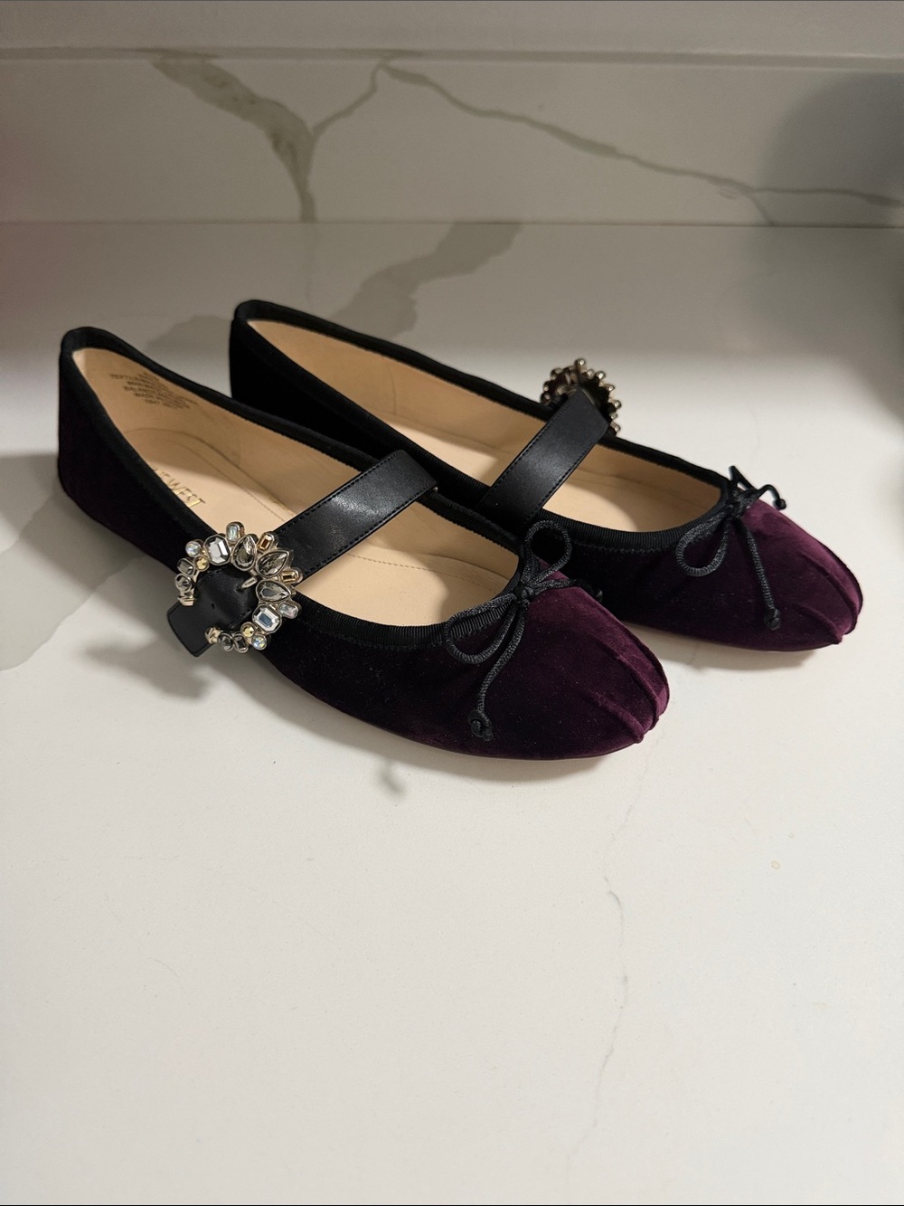 Nine West Plum Velvet Mary Jane Flats with Black Strap and Jeweled Buckle